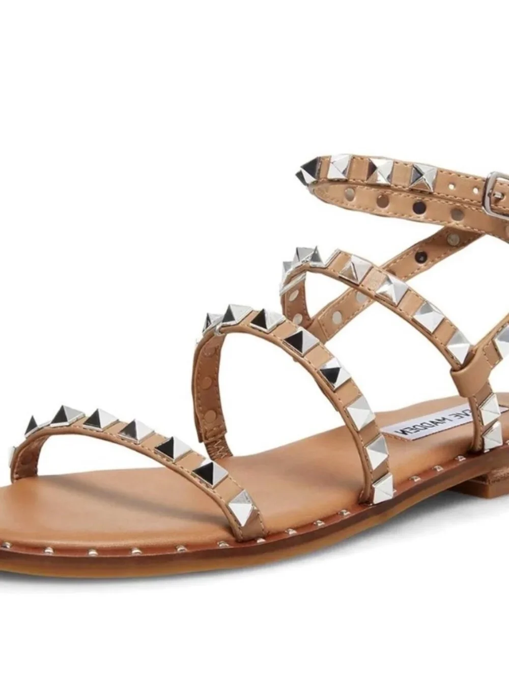 Steve Madden Travel Beige and Silver Studded Flat Sandals Size 9 EUC